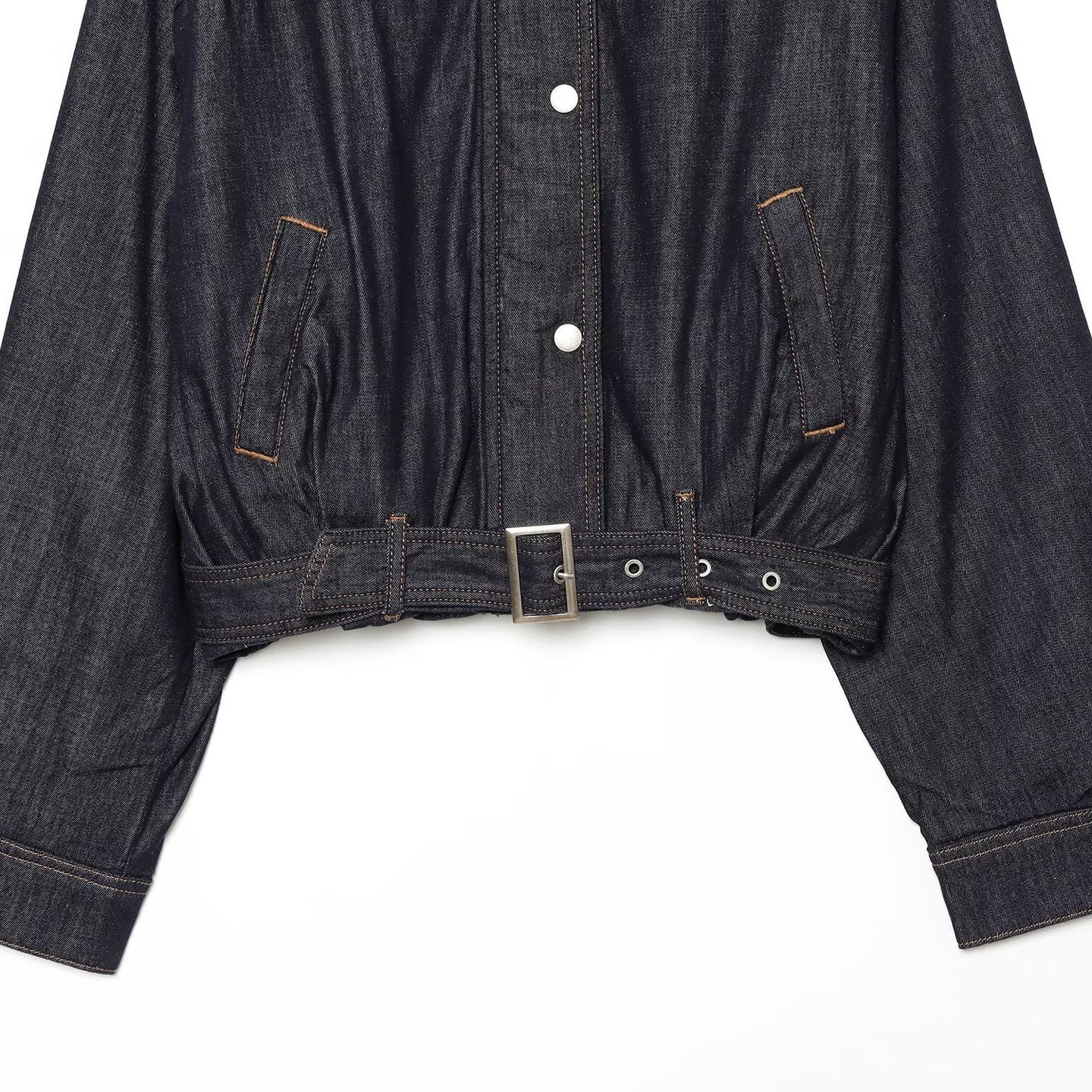 Women's Cropped Denim Jacket with Waist Belt, Stand Collar and Balloon Sleeves Chichicherry