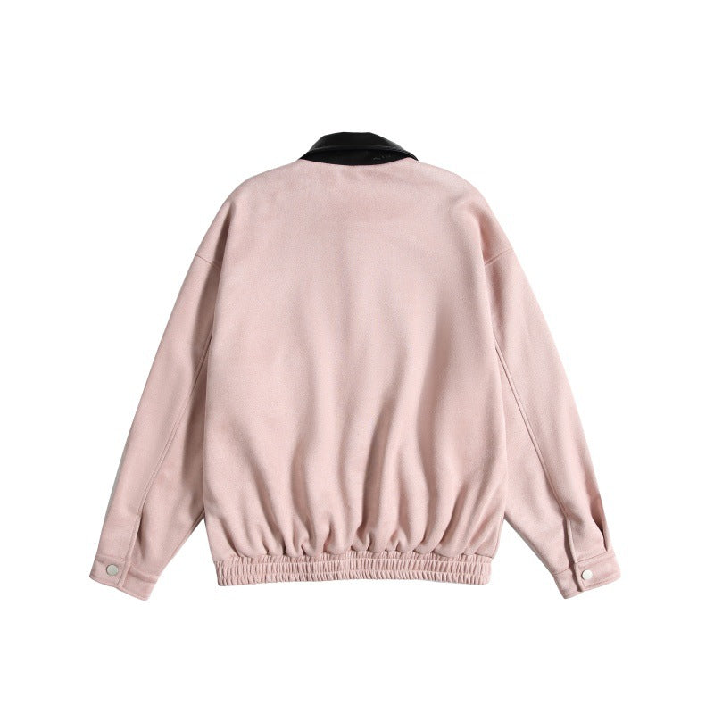 Women's short cut boxy bomber jacket with contrasting faux leather collar Chichicherry