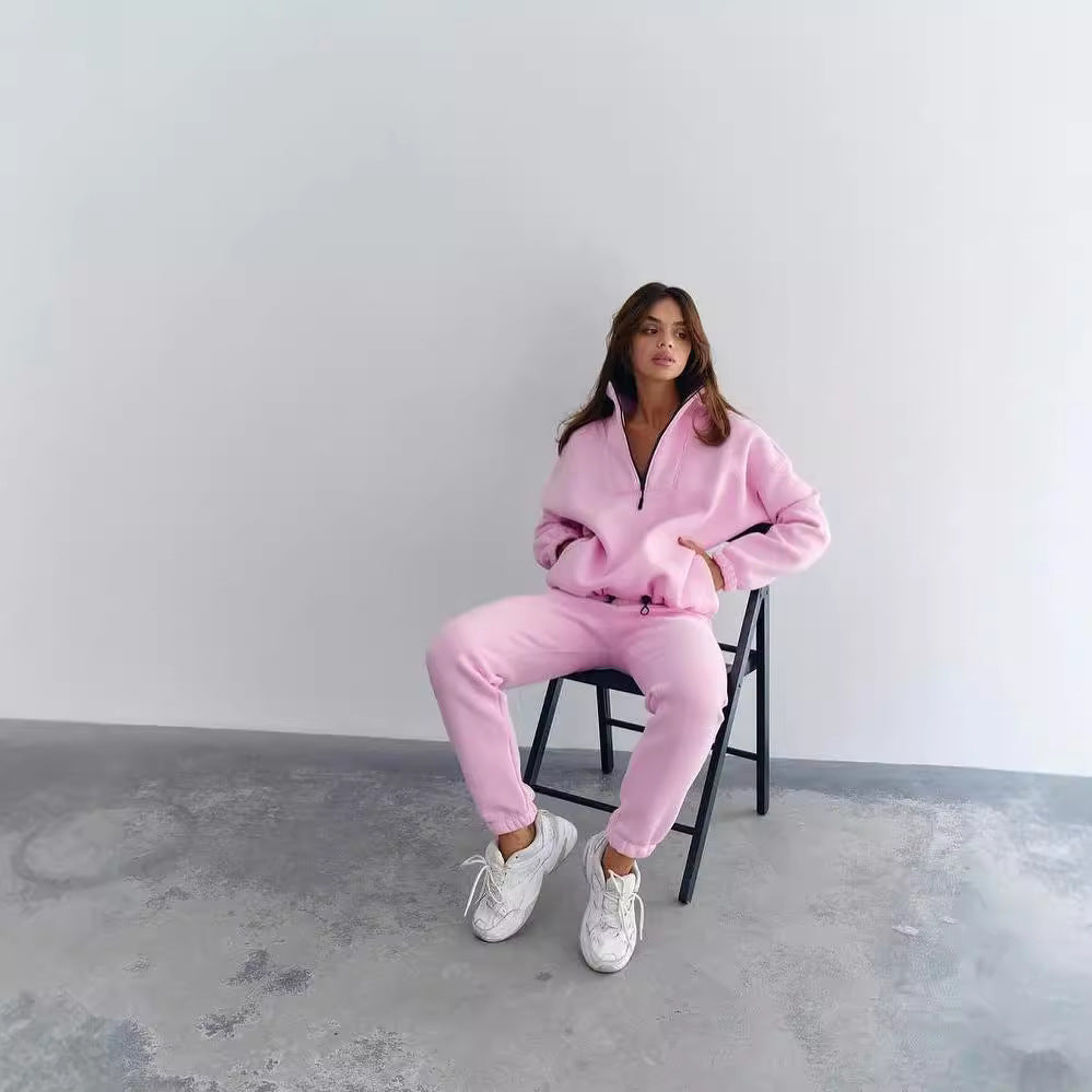 Damen Athleisure-Zweiteiler aus dickem French-Terry mit hohem Stehkragen, halbem Reißverschluss und Tunnelzughose Chichicherry