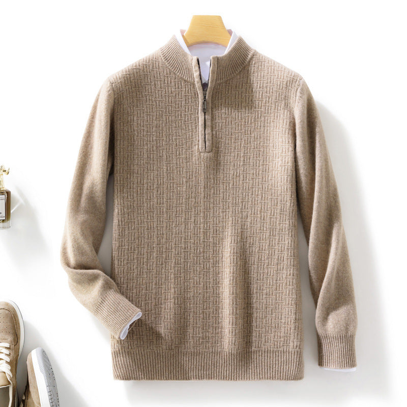 Men's Semi-high Fine Knit Sweater with Short Stand-Up Collar and Half Zipper Chichicherry