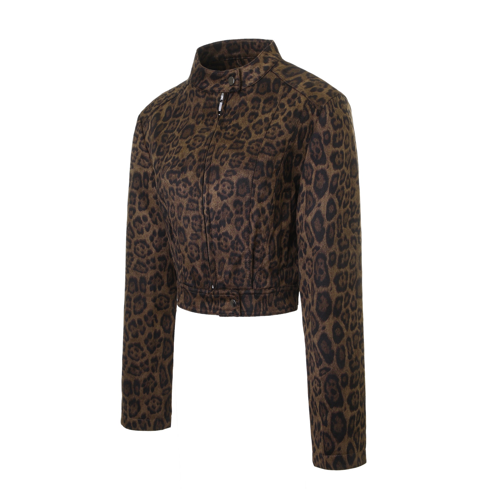 Women Short Jacket with Leopard Pattern and Stand-up Collar Chichicherry