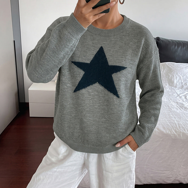Women Relaxed Knit Sweater with Star Intarsia, Round Neckline & Casual Fit Chichicherry