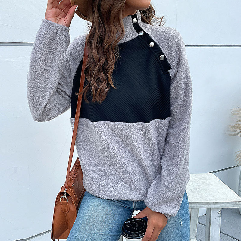 Women's Cozy Teddy Fleece Sweater with Quilted Chest Panel, Stand Collar and Snap Button Placket Chichicherry