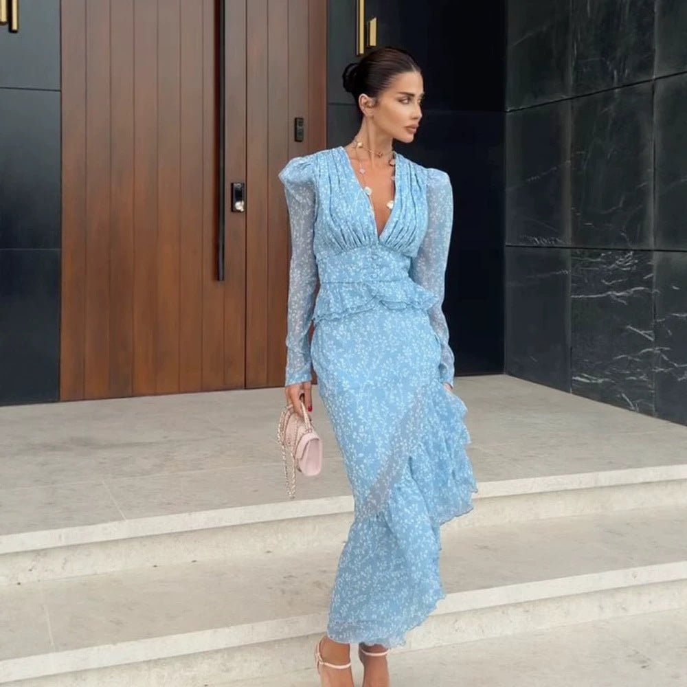 Women Chiffon Maxi Dress with V-neck, Puff Sleeves and Leg Slit Chichicherry
