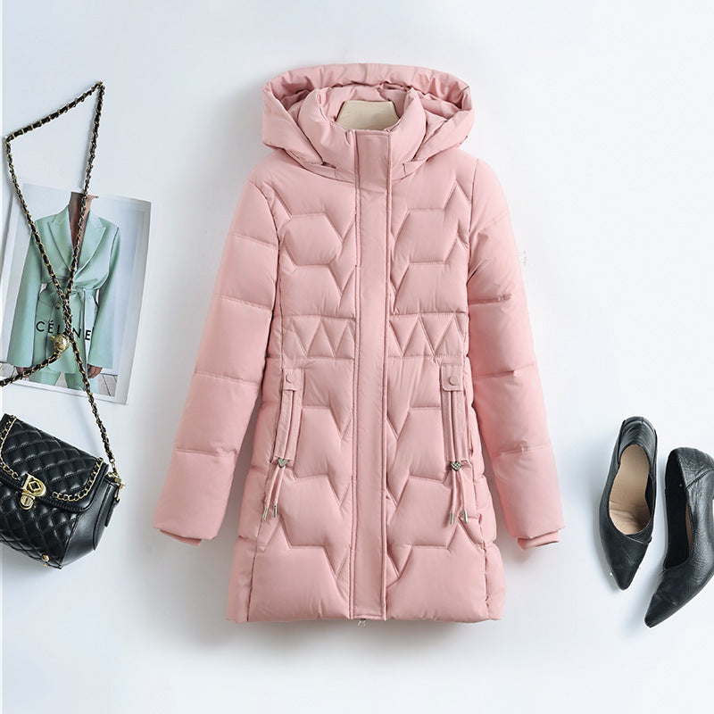 Women's mid-length padded coat with hood, fitted drawstring and geometric decorative stitching Chichicherry