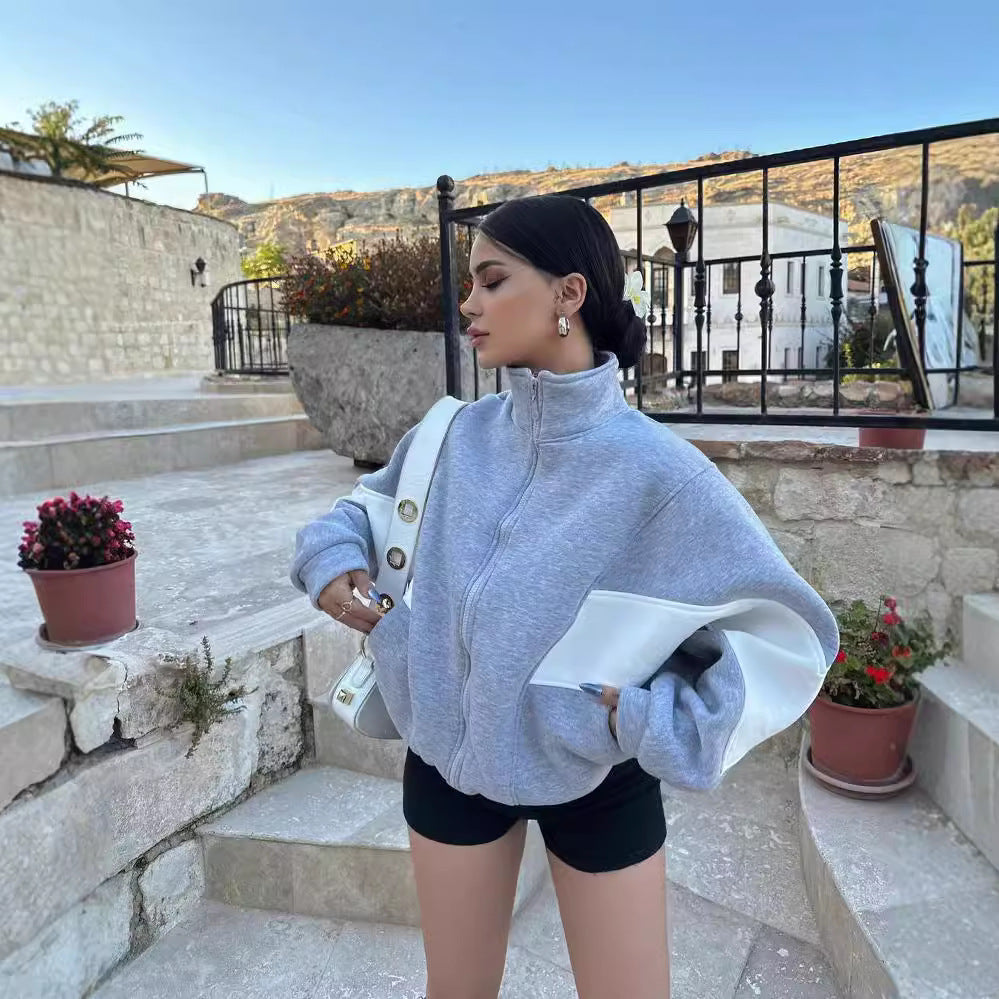 Damen Kurz geschnittener Stehkragen-Reißverschluss-Hoodie im Colorblock-Sportstyle Chichicherry