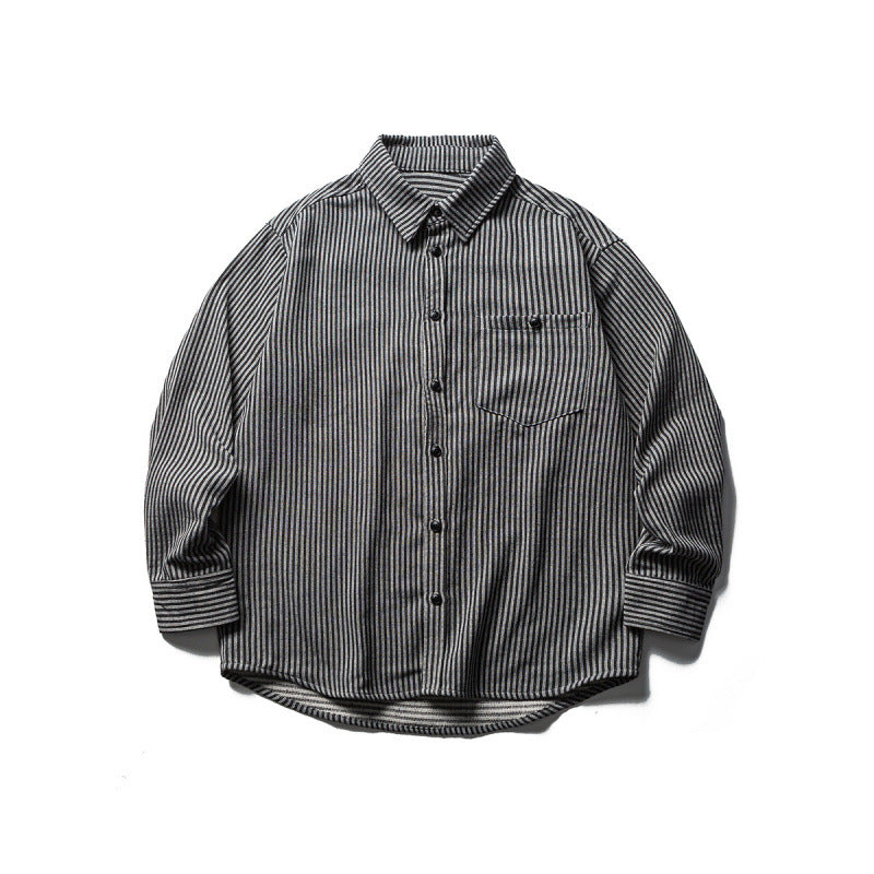 Men's loose-fitting striped cotton blend shirt with chest pocket and extended back Chichicherry