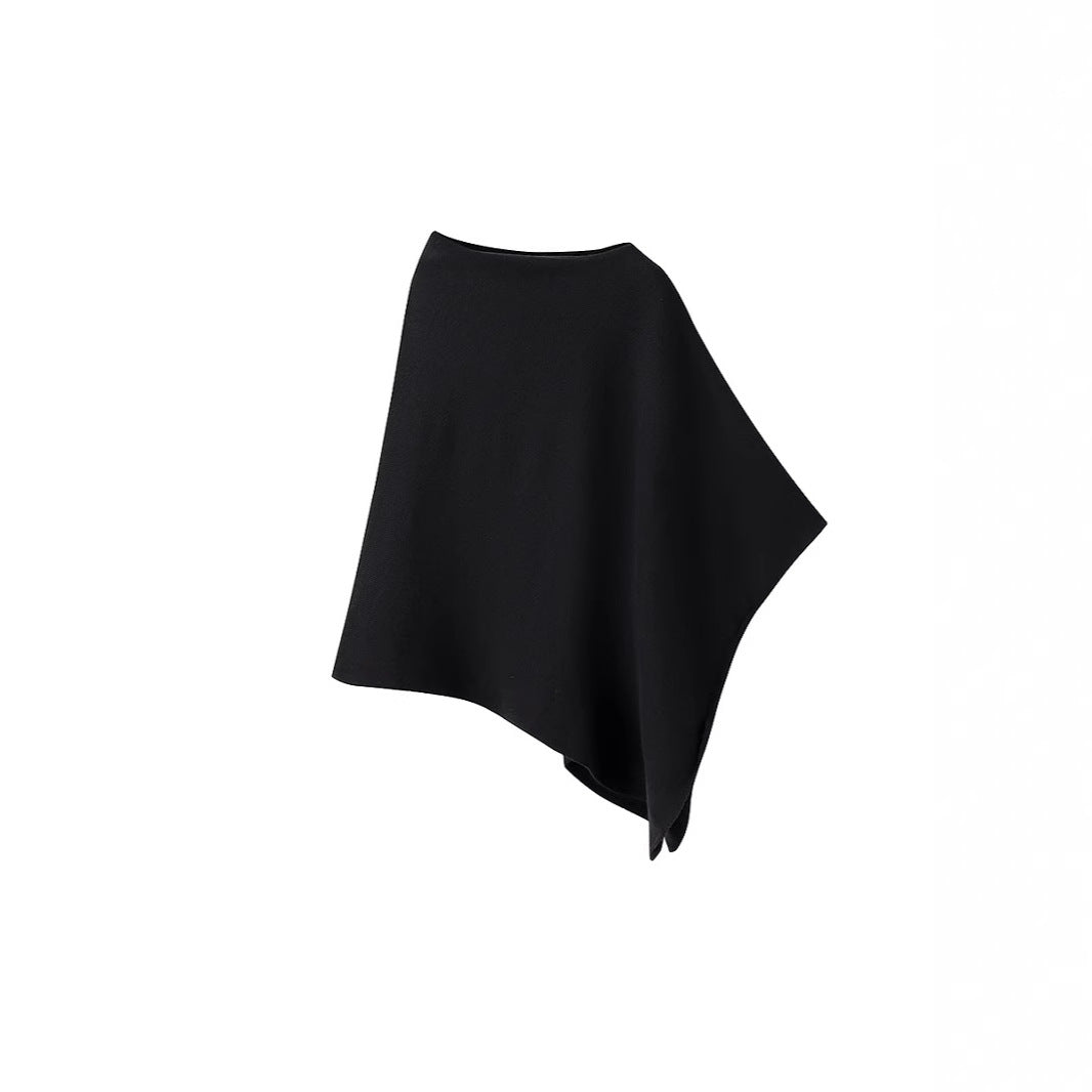 Women's Fine Knitted Poncho with Asymmetrical Hem and Boat Neck Chichicherry