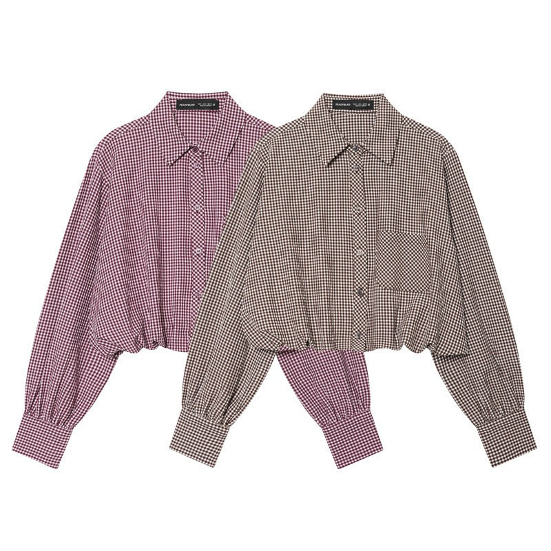 Ladies Short-Cut Checked Blouse with Balloon Sleeves, Elastic Hem and Breast Pocket Chichicherry