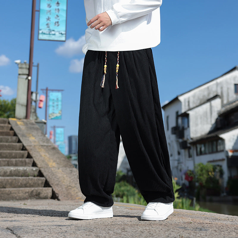 Men's loose-fitting corduroy relax pants with elastic waistband and decorative cord Chichicherry