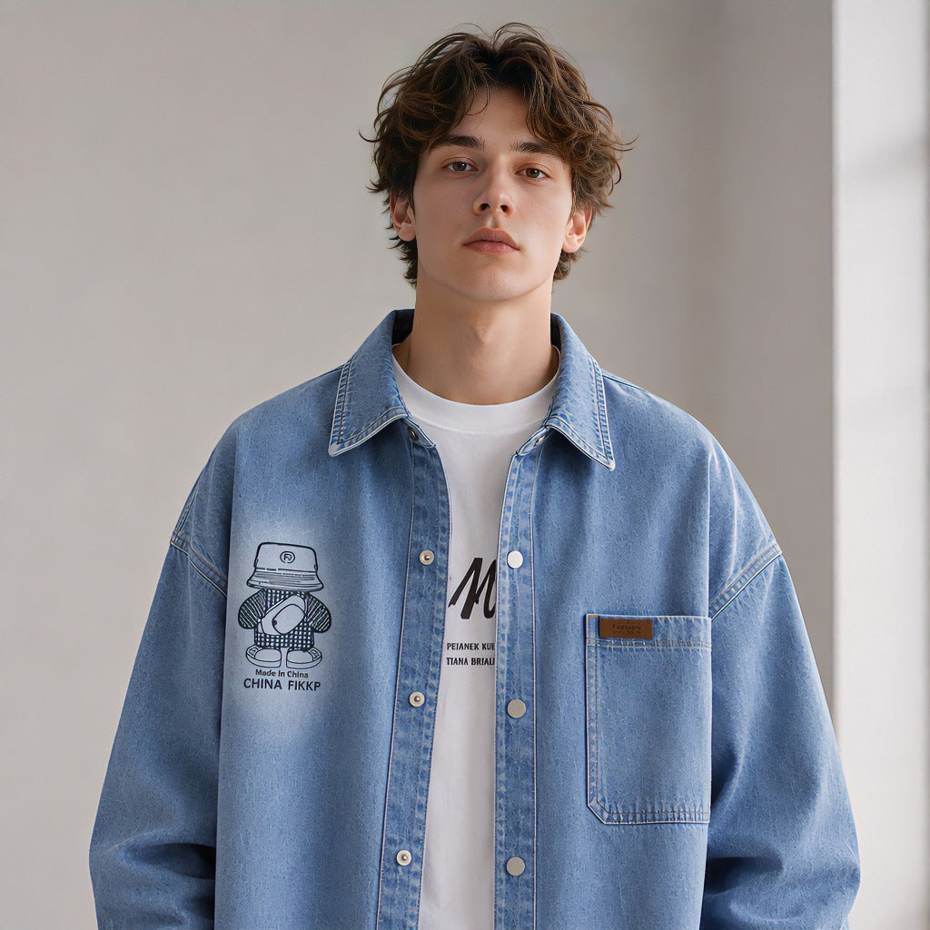 Herren Oversized Denim-Hemdjacke im Relaxed-Worker-Style mit Brusttasche und Druckknöpfen Chichicherry