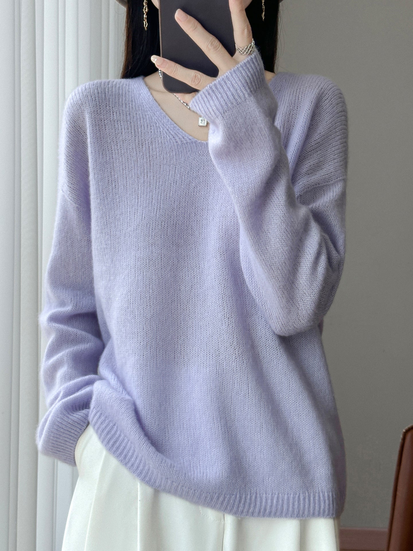 Women Oversized Fine Knit Sweater with Fine V-Neck and Extended Sleeve Ends Chichicherry