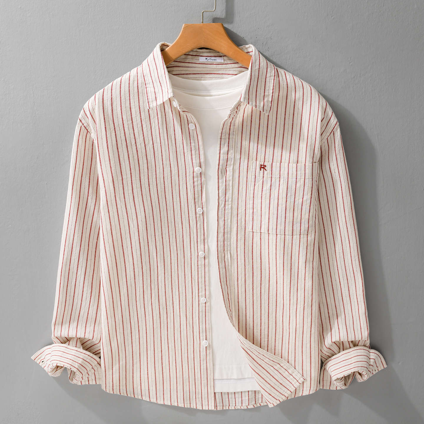 Men's Relaxed-Fit Striped Shirt made of lightweight Cotton-Linen with patch Chest Pocket Chichicherry
