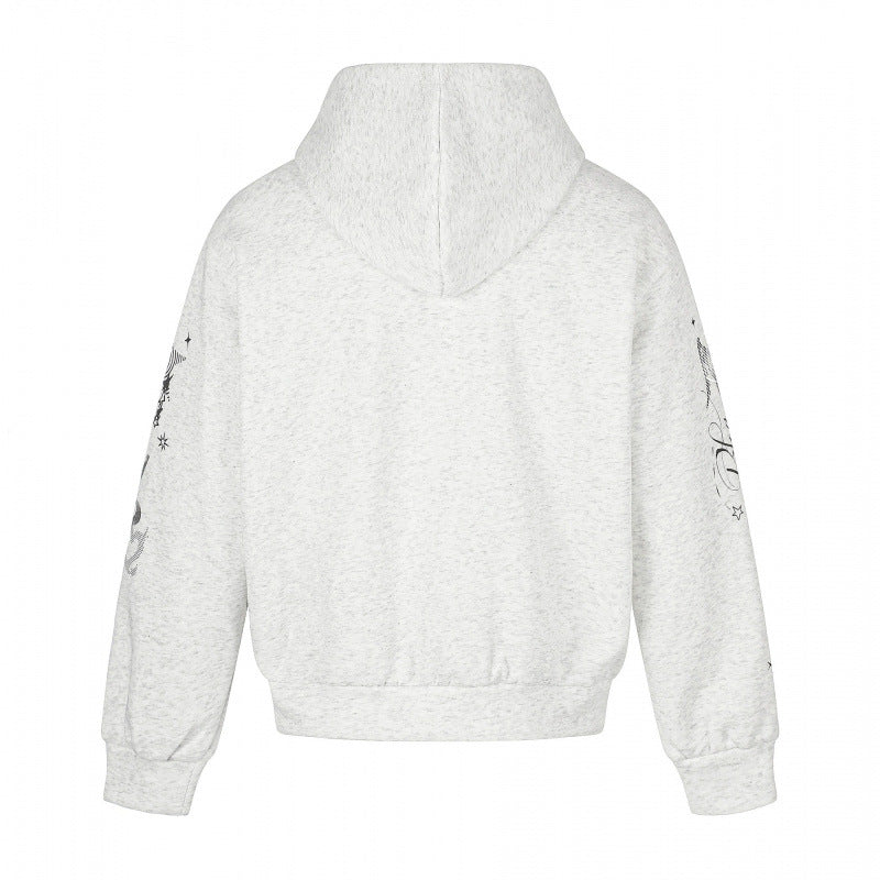 Unisex Oversized Hooded Zip Jacket with Allover Graphic Print, Zipper and Ribbed Hem Chichicherry