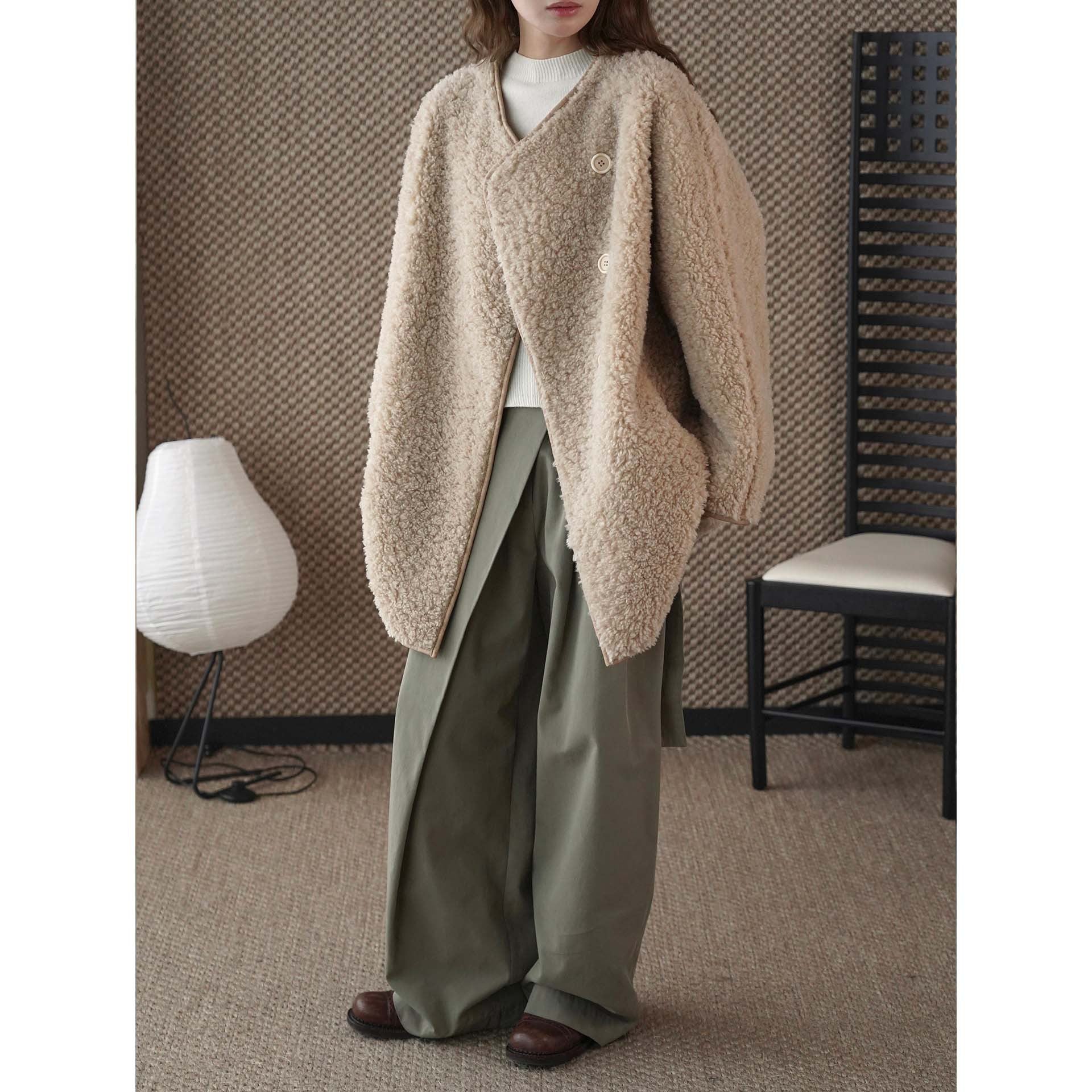 Women Short Jacket Teddy Fleece with Button Front and Contrasting Edge Finish Chichicherry