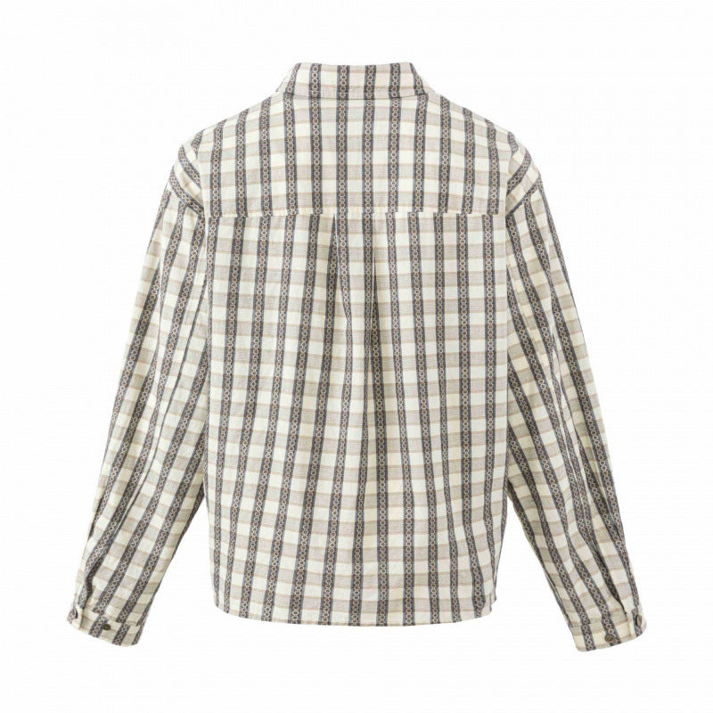 Women's Boxy Shirt Jacket with Geometric Check Pattern and Decorative Button Placket Chichicherry