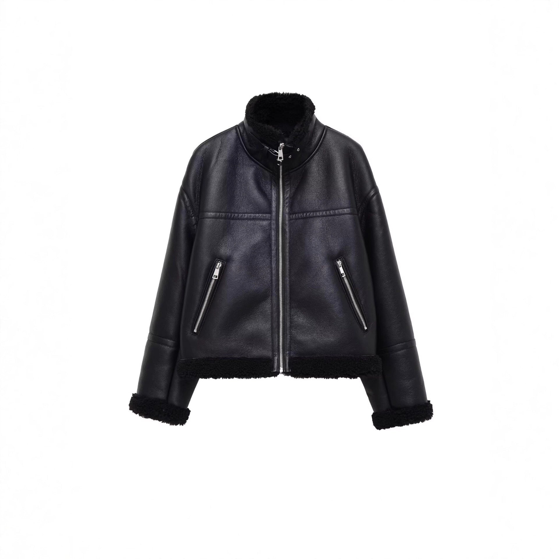 Women's Oversize Pilot Jacket made of Faux Leather with Teddy Lining and Stand Collar Chichicherry