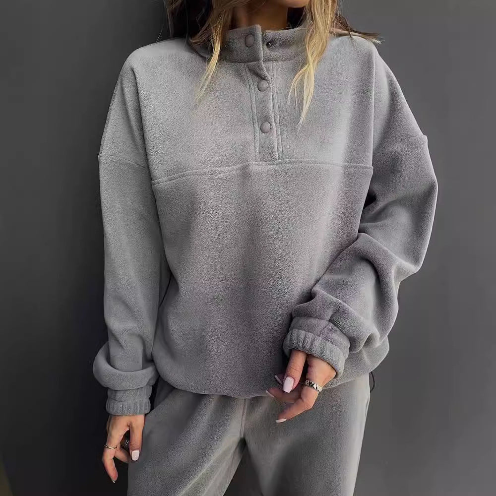 Damen Oversize-Fleece-Set mit Henley-Kragen und weicher Jogginghose Chichicherry