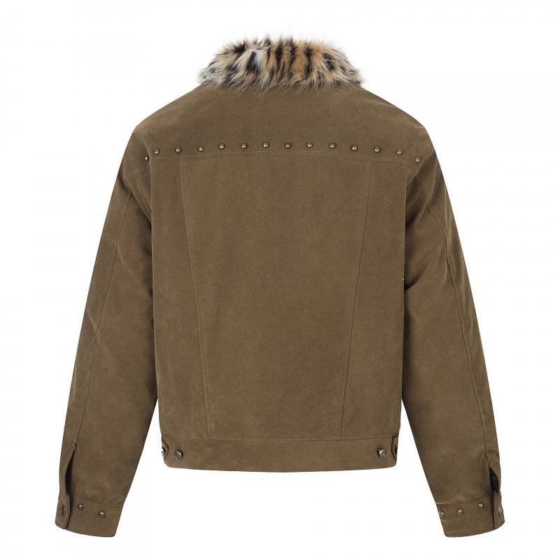Men's short jacket made of suede leather imitation with faux fur collar and stud details Chichicherry