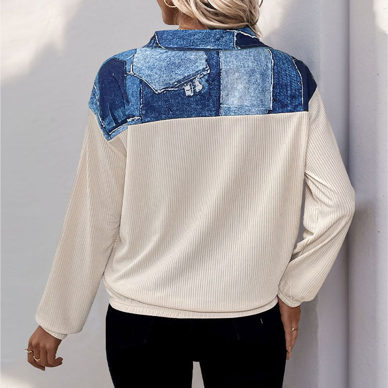 Women Relaxed-Fit Cord Structure Half-Zip Sweater with Jeans-Look Inserts Chichicherry