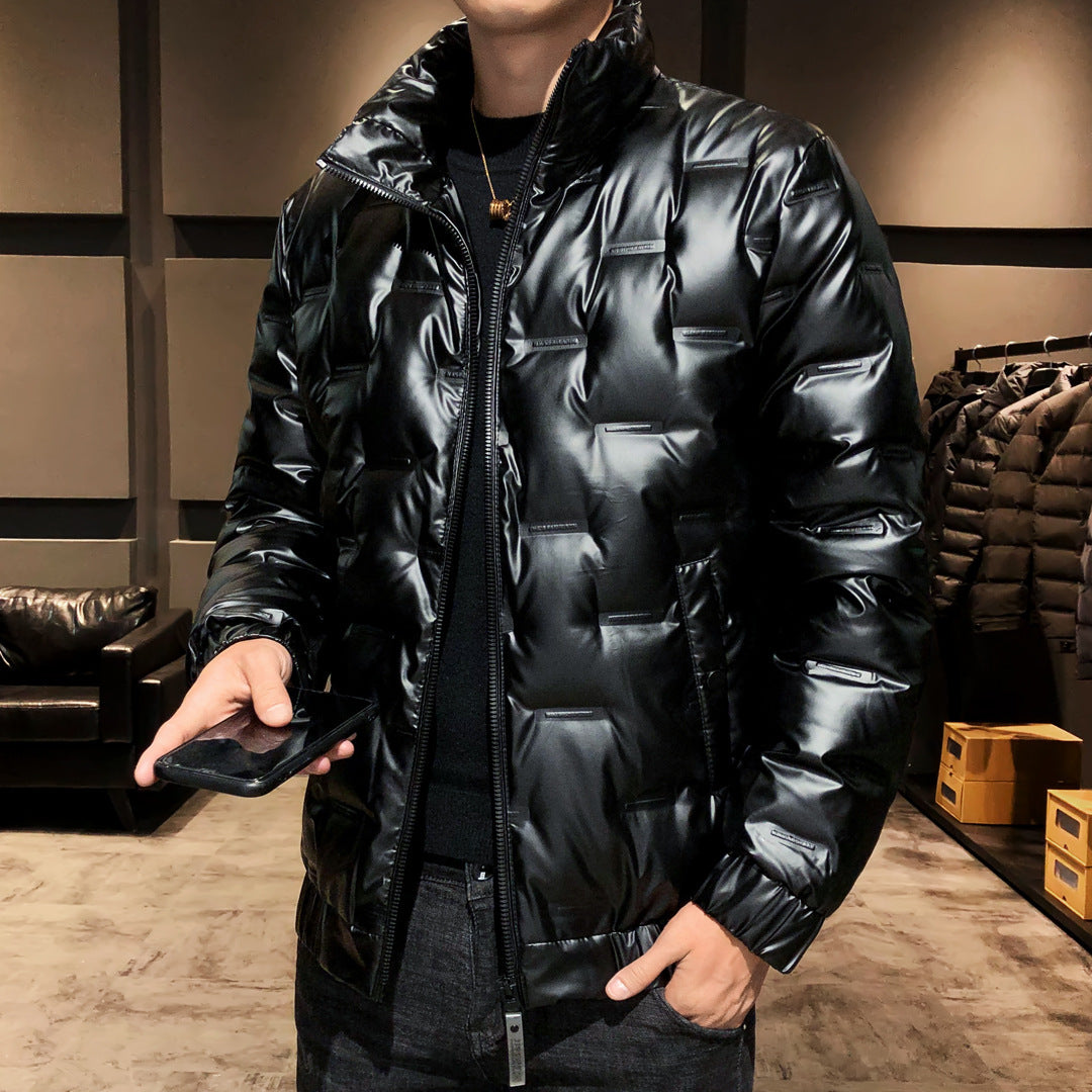 Men's Shiny Thermal Quilted Jacket with Square Quilt and High-Closing Stand-Up Collar Chichicherry