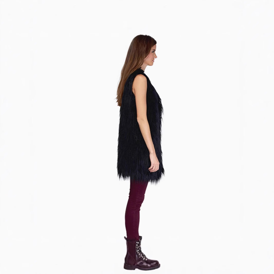 Ladies long sleeveless shaggy faux fur vest with concealing A-line and soft high-pile chichicherry