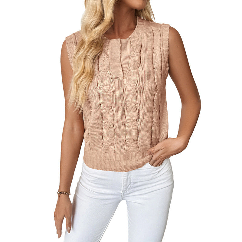 Women's Sleeveless Cable Knit Vest with Slit Collar Chichicherry