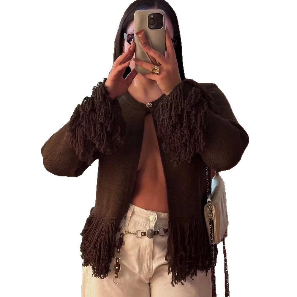 Women's cardigan with layered fringes, mother-of-pearl closure and boxy silhouette Chichicherry