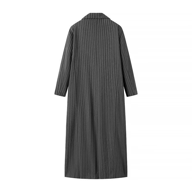 Women Longline Wool Blend Coat with Pinstripes, Tailored Lapel and Flap Pockets Chichicherry