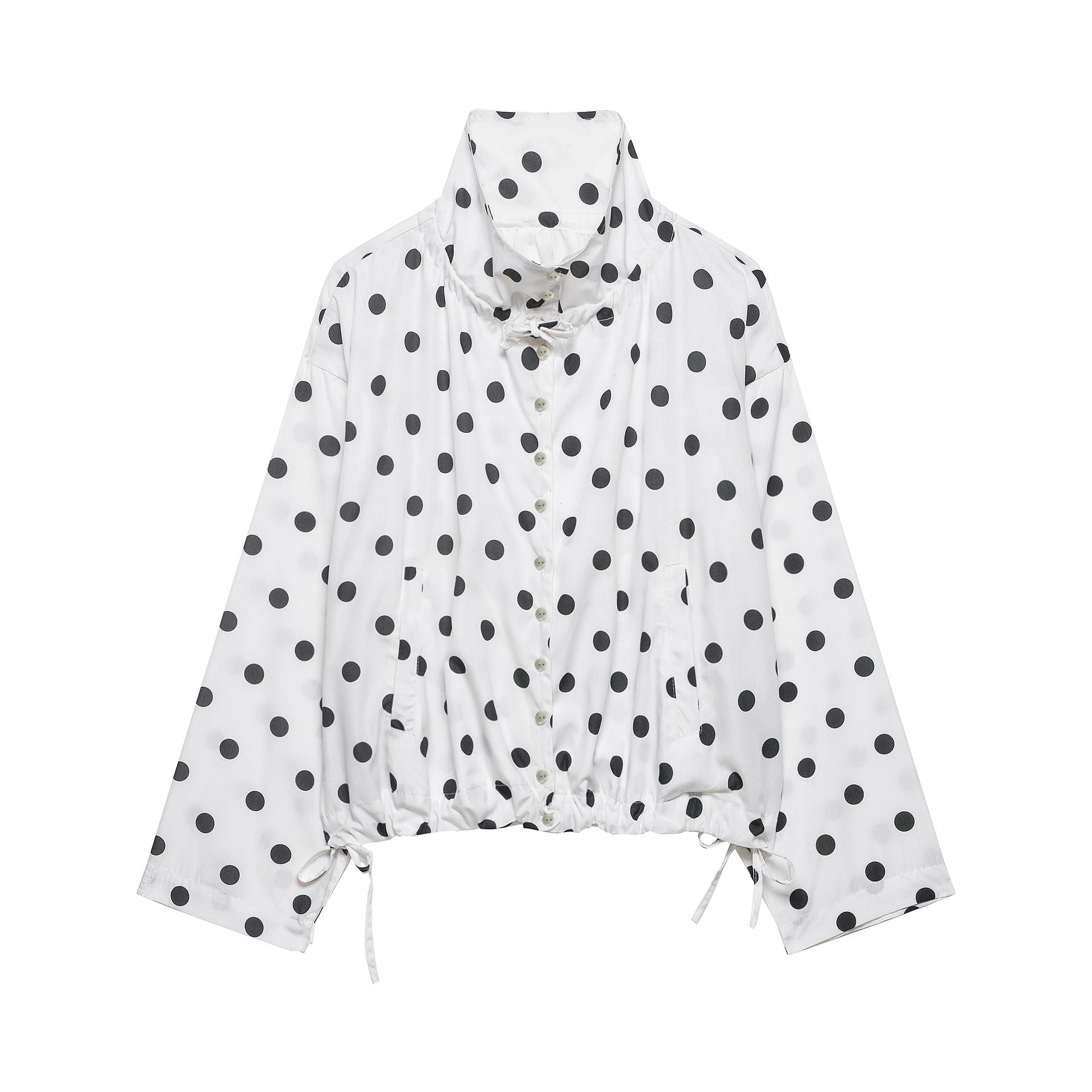 Women's lightweight blouse in polka dot design with stand-up collar, drawstring hem and button placket Chichicherry