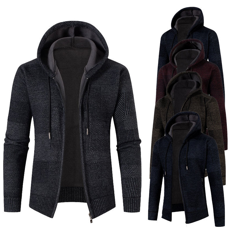 Men's Knit Hoodie Jacket with Full Zipper, Lined Hood and Structured Patchwork Look Chichicherry