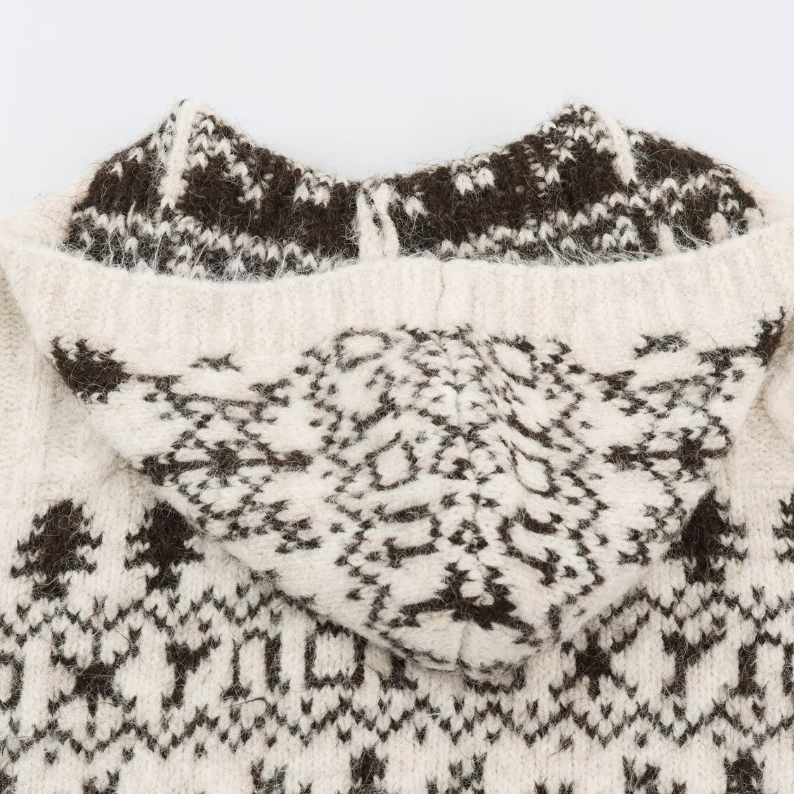 Women's Coarse Knit Hooded Cardigan with Horn Buttons and Norwegian Pattern Chichicherry