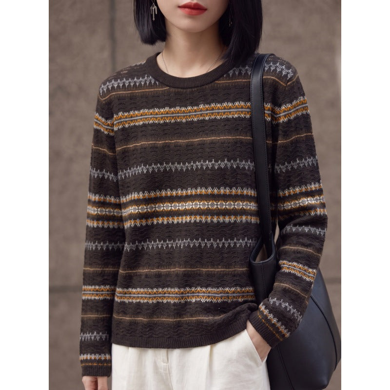 Women's lightweight round neck pullover in Norwegian stripe design with structured ajour optics Chichicherry