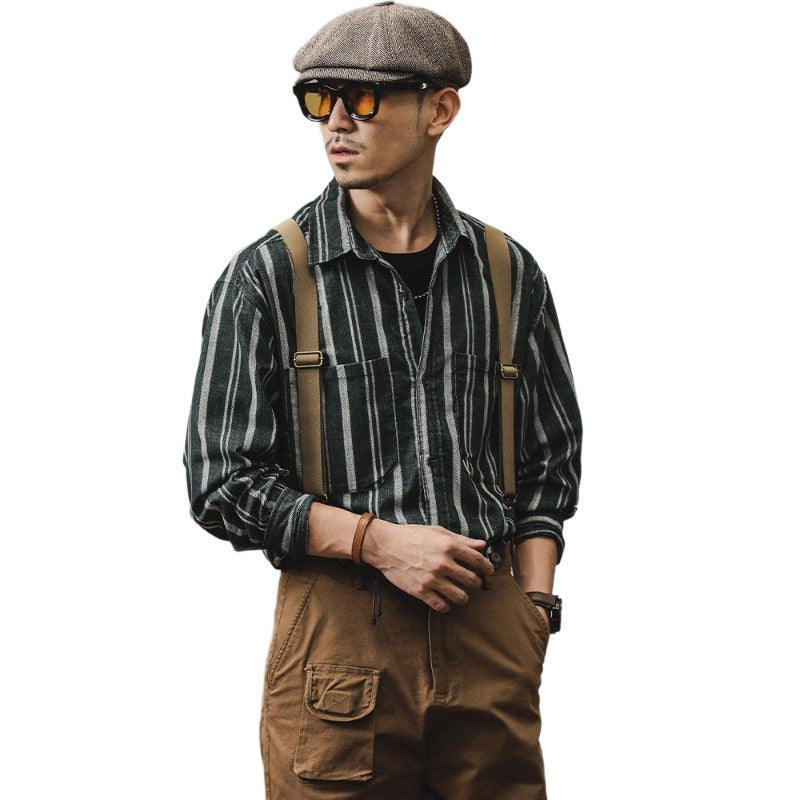 Herren Gestreiftes Overshirt-Hemd aus Baumwoll-Leinen mit Brusttaschen Chichicherry