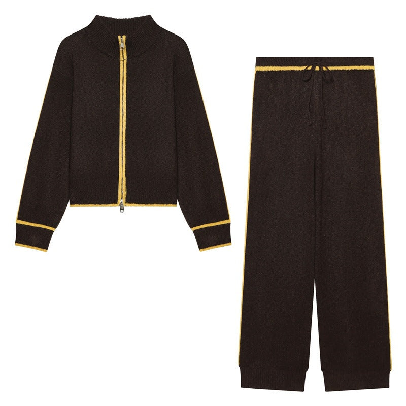 Women Two-Piece Knit Loungewear Set with Short Zip Cardigan and High Waist Palazzo Pants Chichicherry