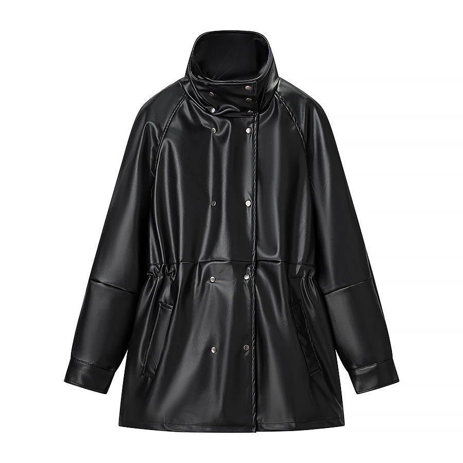 Women's rain jacket made of leather look with high stand-up collar, waist drawstring and snap button front Chichicherry