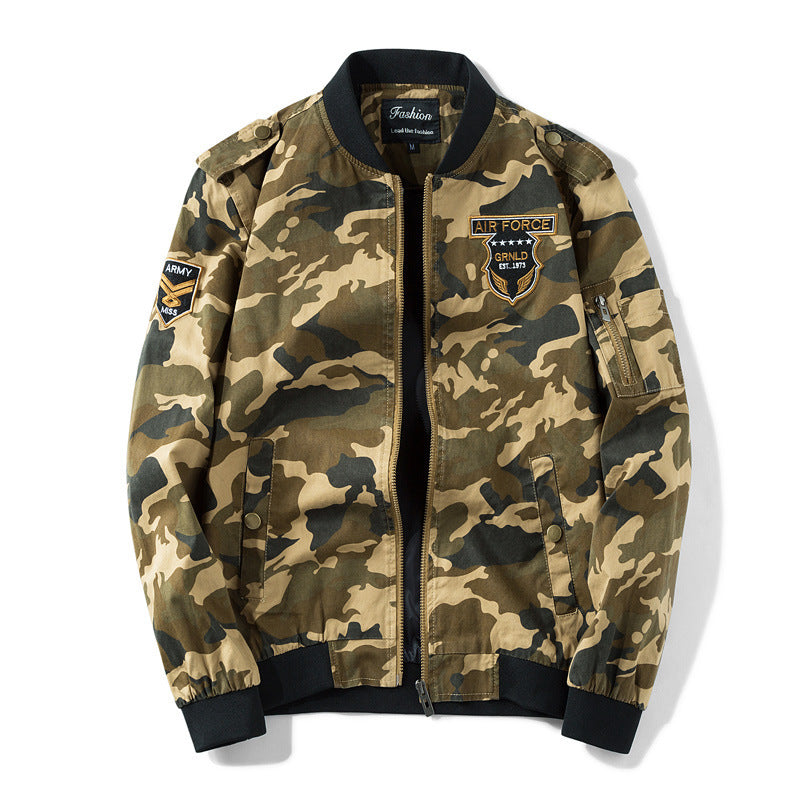 Men's Camouflage Bomber Jacket in Military Style with Patch Applications, Arm Pocket and Ribbed Cuffs Chichicherry