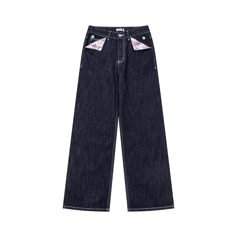 Women Loose High-Waist Jeans in Palazzo Cut with Decorative Stitching and Floral Pocket Lining Chichicherry
