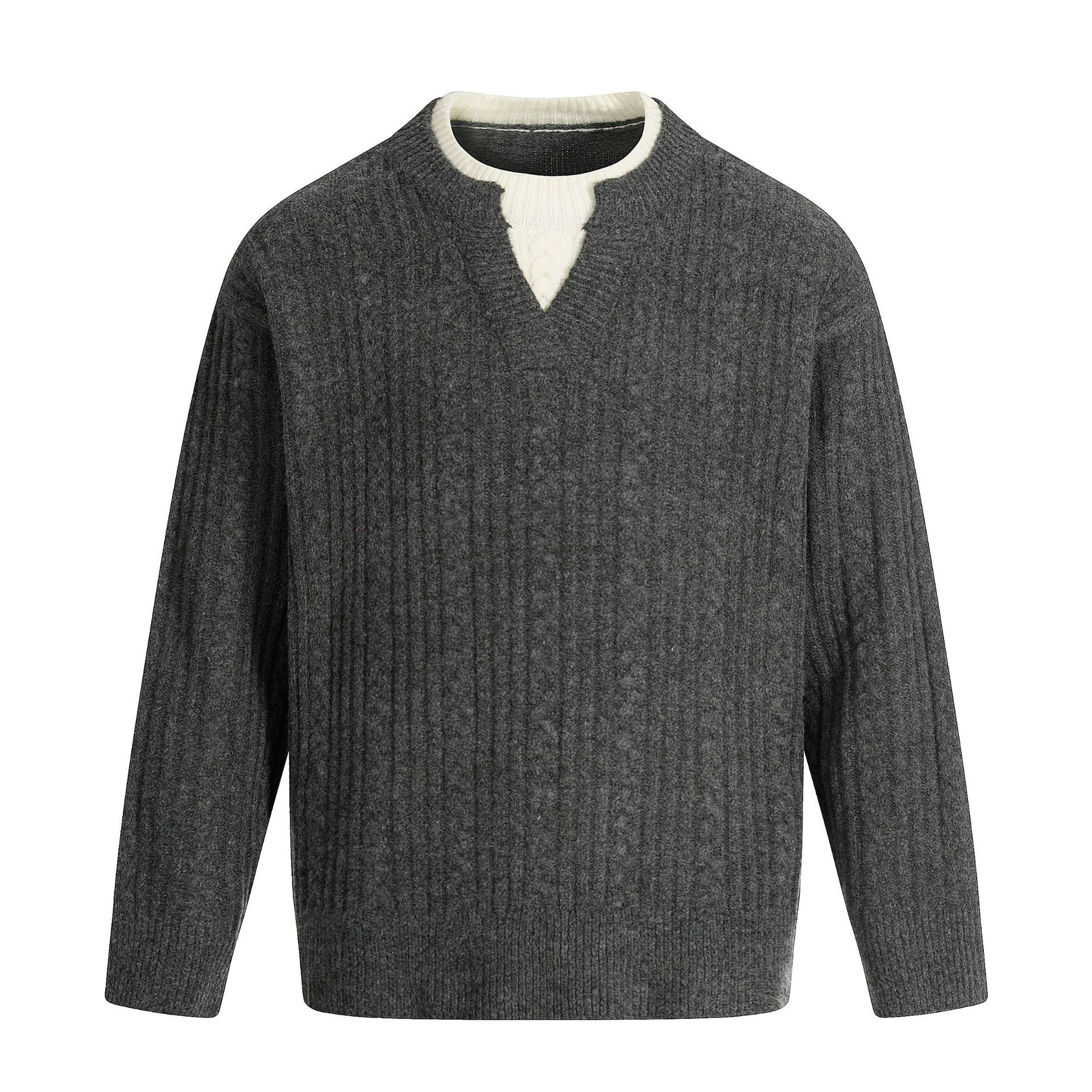 Men's cable knit sweater with V-insert and double roll collar Chichicherry