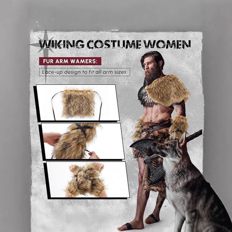 Men's Warrior Costume Accessory Set made of faux fur with shoulder drape, arm guards, and adjustable leather harness Chichicherry