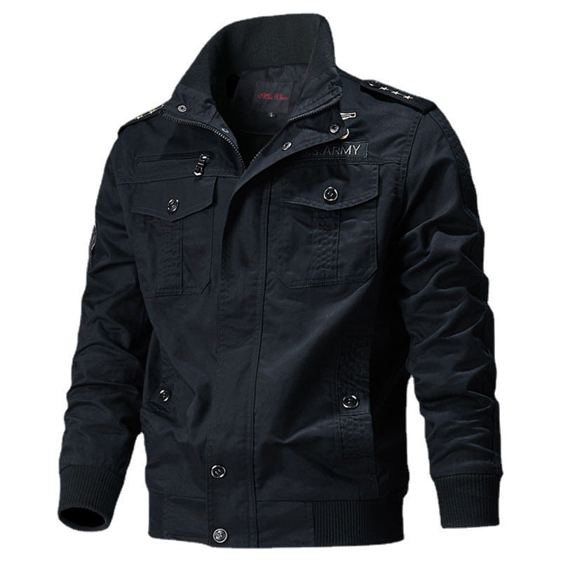 Men's Canvas Pilot Jacket with Shoulder Piping, Zipper Placket and Utility Flap Pockets Chichicherry