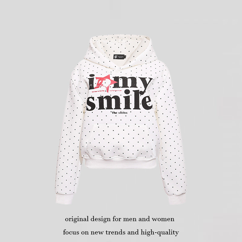 Women’s hoodie sweatshirt with polka dot pattern, kangaroo pocket and large typographic print Chichicherry