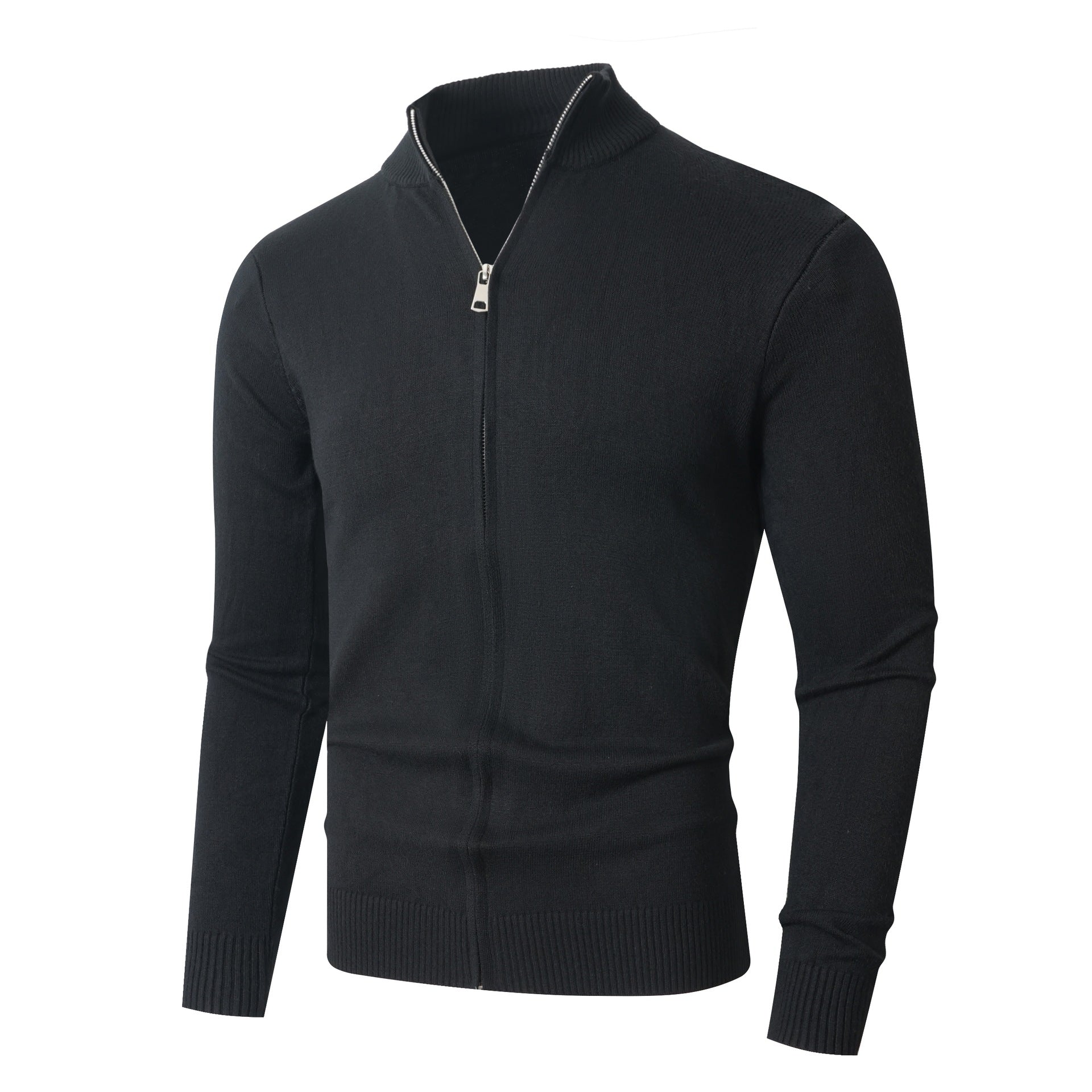 Men's Slim Fit Fine Knit Cardigan with Double Zipper and Stand Collar Chichicherry