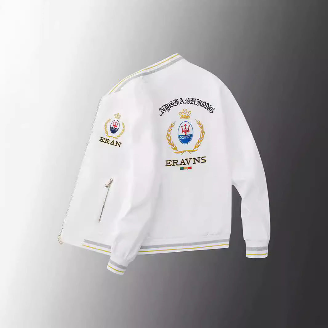 Men's stick detail bomber jacket in retro crest style with emblem embroidery and zipper arm pocket Chichicherry