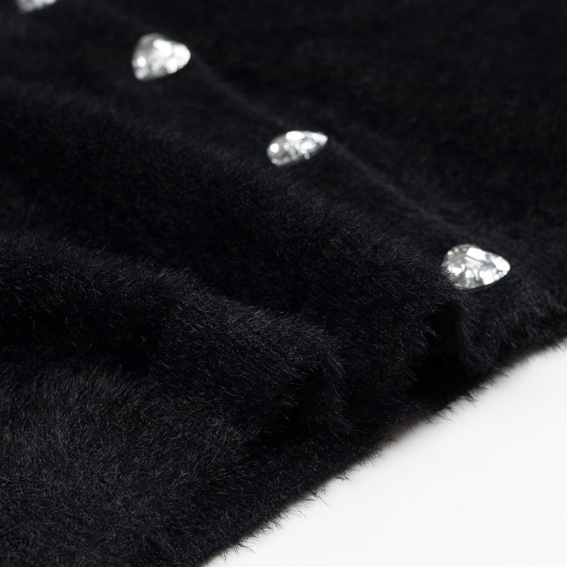 Women Fluffy Cropped Cardigan with Round Neck and Decorative Button Placket Chichicherry