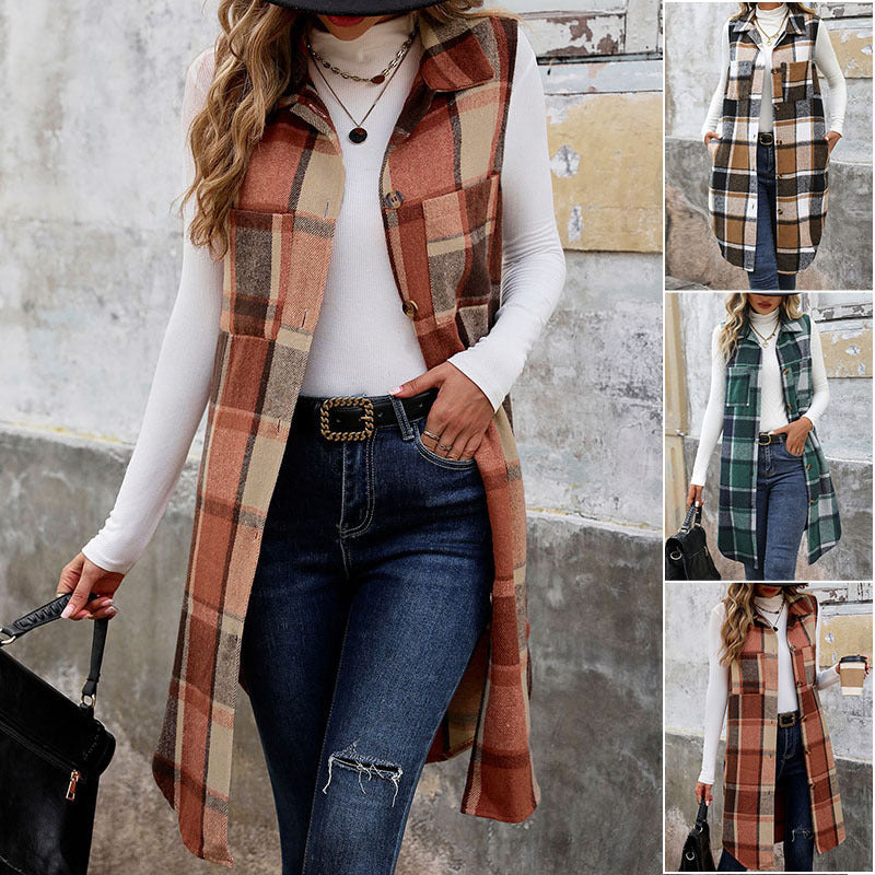 Women's Sleeveless Checked Long Vest with Shirt Collar and Button Placket Chichicherry