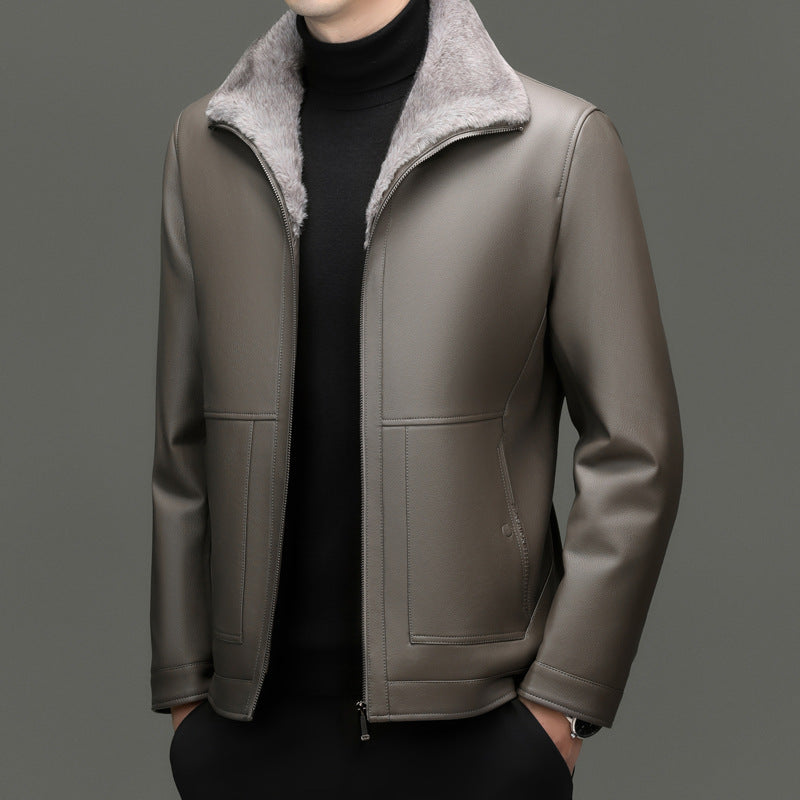 Men's leather jacket with warm teddy lining and front zipper Chichicherry
