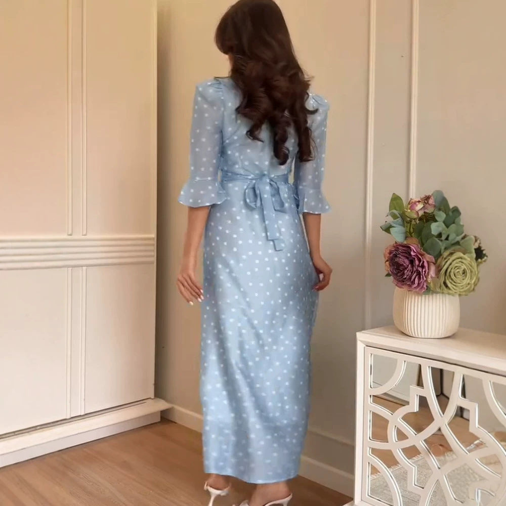 Women's maxi dress with lace V-neck, full button placket and puff sleeves Chichicherry