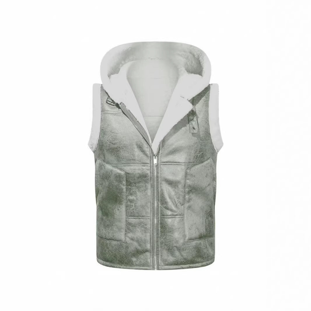 Men's hooded vest in lambskin look with teddy lining, zipper and large flap pockets Chichicherry