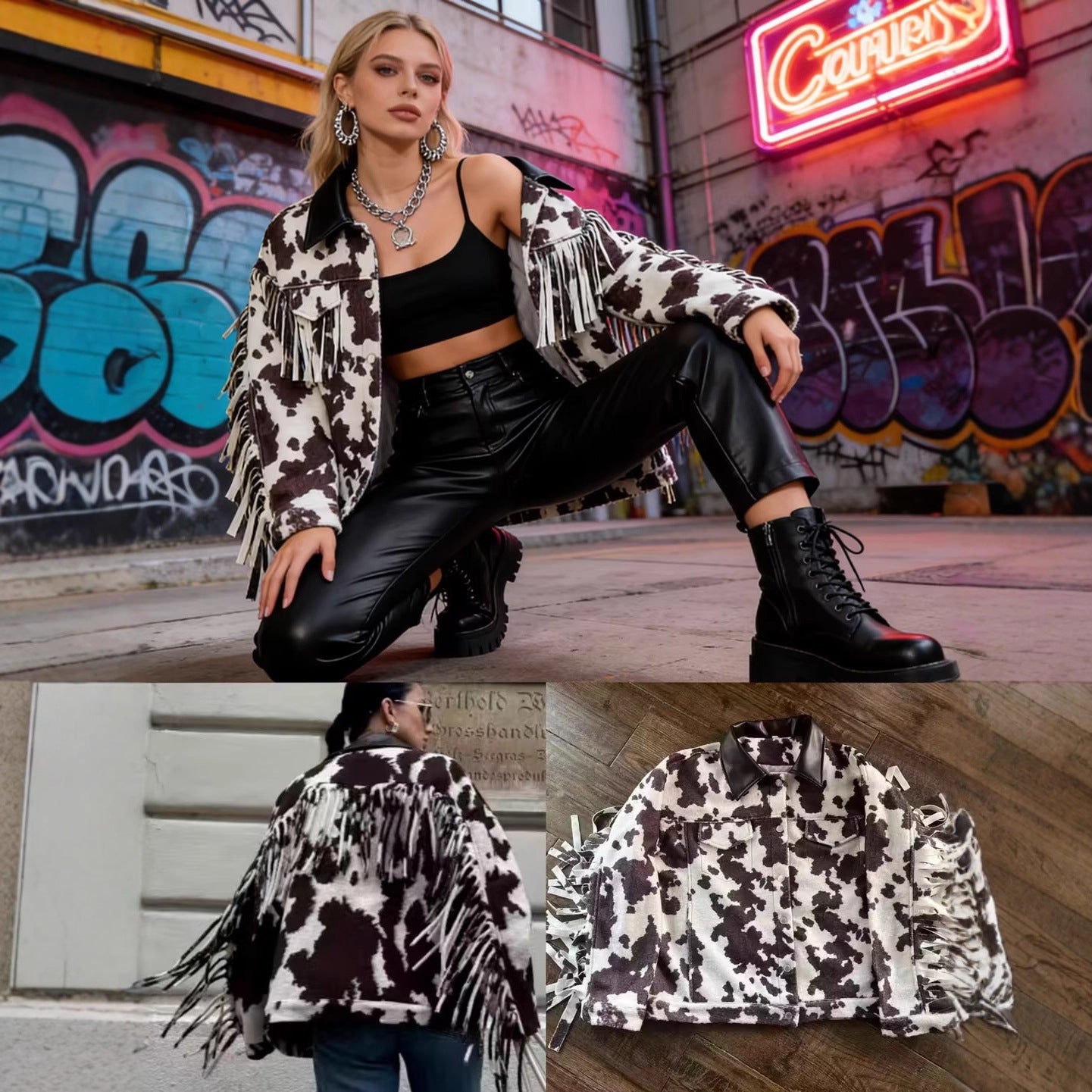 Women’s teddy trucker jacket with cow spot pattern and faux leather collar Chichicherry